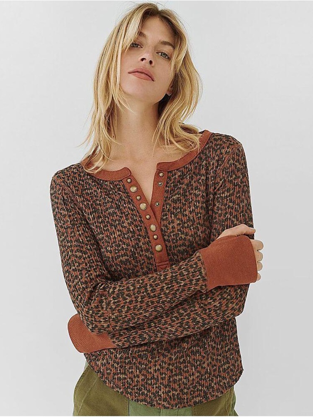 We The Free People Everest Top Leopard Print Textured Henley Waffle Knit Size M